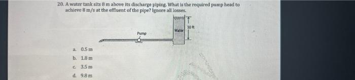 20 A Water Tank Sits 8 M Above Its Discharge Plping What Is The Required Pump Head To Achieve 8 M S At The Effluent Of 1