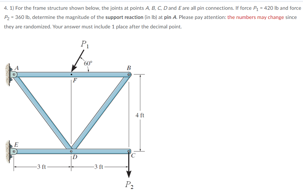 4 1 For The Frame Structure Shown Below The Joints At Points A B C D And E Are All Pin Connections If Force P1 1