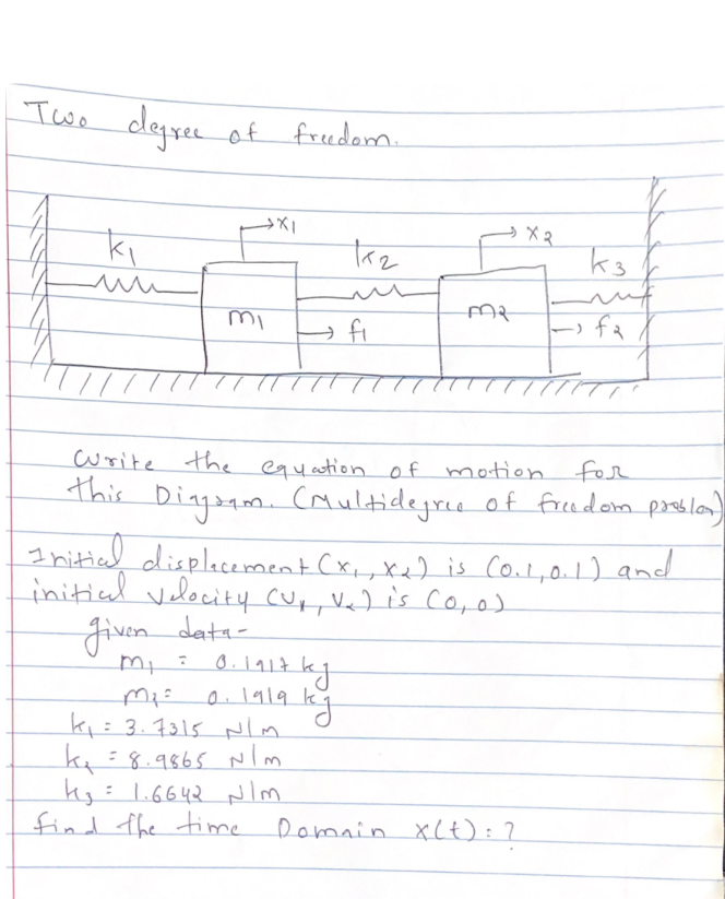 Two Degree Of Freedom X1 Ki K2 W X2 X 3 K3 Ut Ma Fa Mi Y Fi T Crite The Equation Of Motion For This Diagram Multid 1