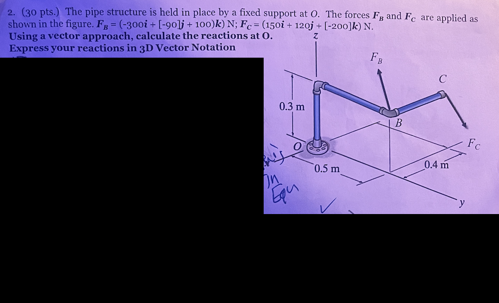 2 30 Pts The Pipe Structure Is Held In Place By A Fixed Support At 0 The Forces Fp And Fc Are Applied As Shown In T 1