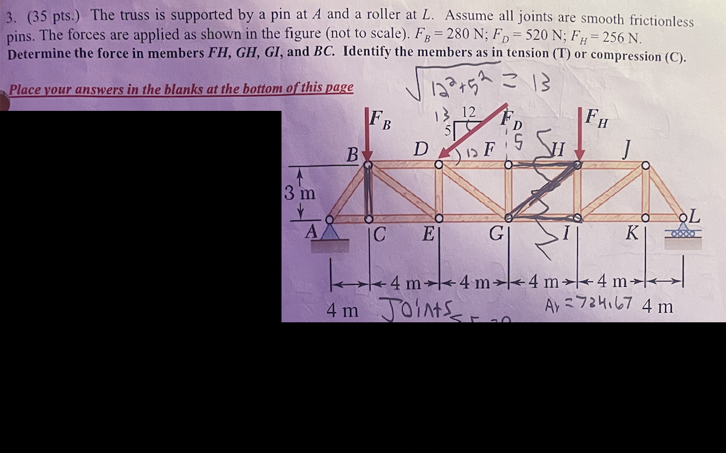 3 35 Pts The Truss Is Supported By A Pin At A And A Roller At L Assume All Joints Are Smooth Frictionless Pins The 1