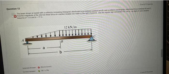 Question 12 Out Of 10 Points The Beam Shown Is Loaded With A Uniformly Increasing Triangular Distributed Force Between P 1