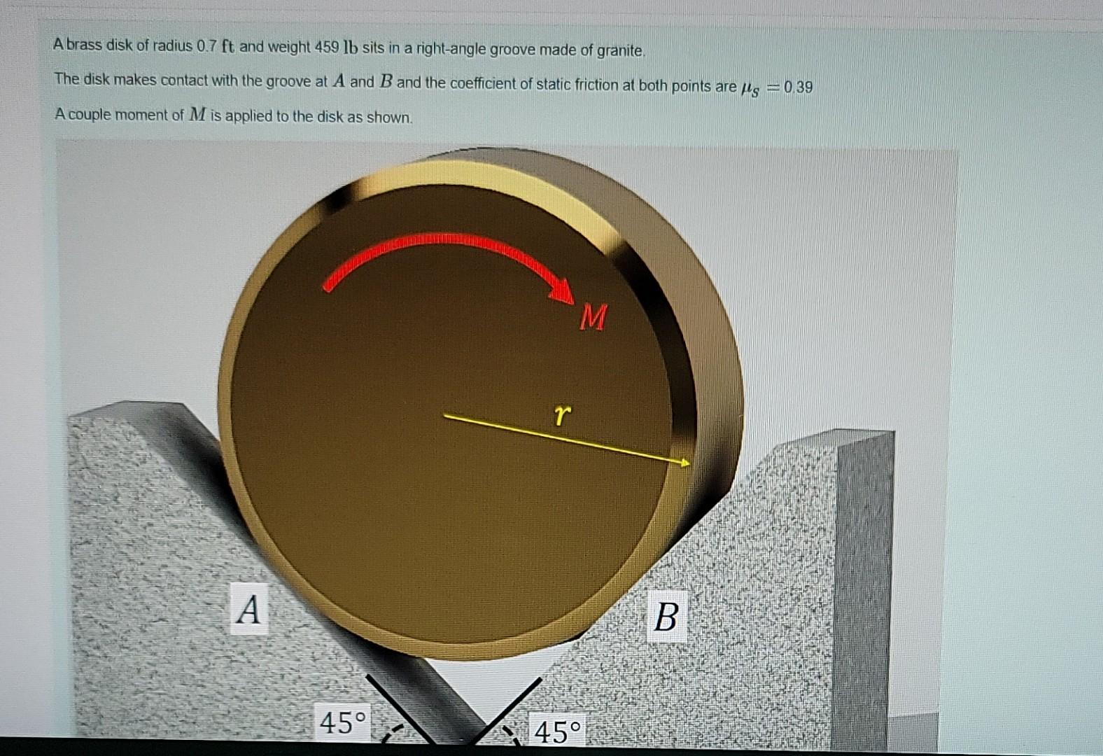 A Brass Disk Of Radius 0 7 Ft And Weight 459 Lb Sits In A Right Angle Groove Made Of Granite The Disk Makes Contact Wit 1