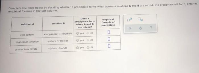 Complete The Table Below By Deciding Whether A Precipitate Forms When Aqueous Solutions A And B Are Mixed If A Precipit 1
