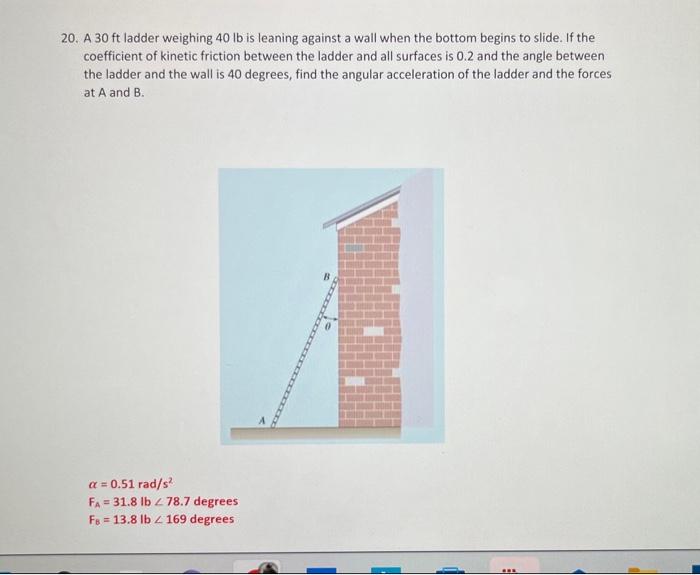 20 A 30 Ft Ladder Weighing 40 Lb Is Leaning Against A Wall When The Bottom Begins To Slide If The Coefficient Of Kinet 1