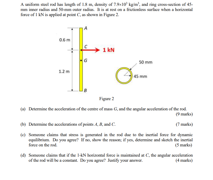 A Uniform Steel Rod Has Length Of 1 8 M Density Of 7 9x109 Kg M And Ring Cross Section Of 45 Mm Inner Radius And 50 1