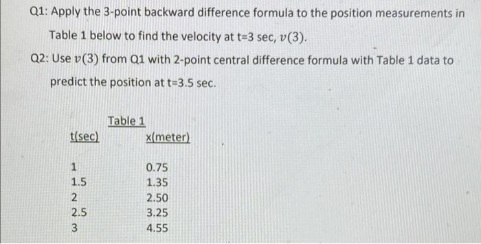 Q1 Apply The 3 Point Backward Difference Formula To The Position Measurements In Table 1 Below To Find The Velocity At 1