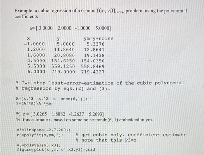 Example A Cubic Regression Of A 6 Point X Ydi 1 6 Problem Using The Polynomial Coefficients A 3 0000 2 0000 1 00 1
