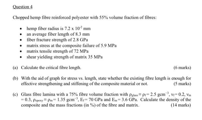 Question 4 Chopped Hemp Fibre Reinforced Polyester With 55 Volume Fraction Of Fibres Hemp Fiber Radius Is 7 2 X 102 Mm 1