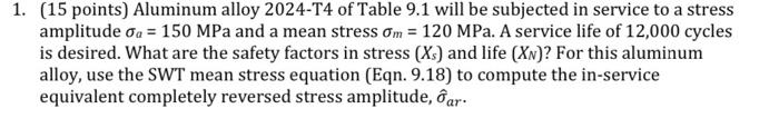 1 15 Points Aluminum Alloy 2024 T4 Of Table 9 1 Will Be Subjected In Service To A Stress Amplitude A 150 Mpa And A 1