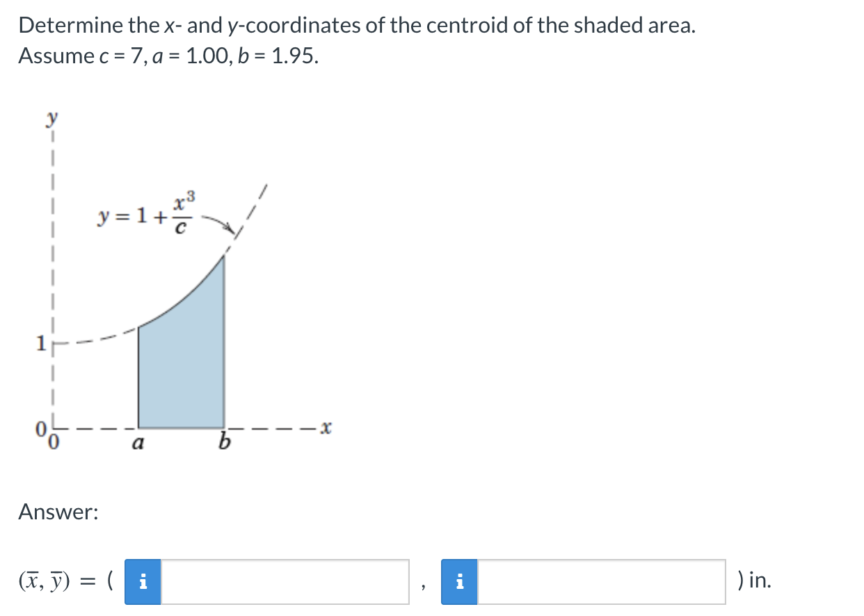 Determine The X And Y Coordinates Of The Centroid Of The Shaded Area Assume C 7 A 1 00 B 1 95 Y 1 1 1 Y 1 1