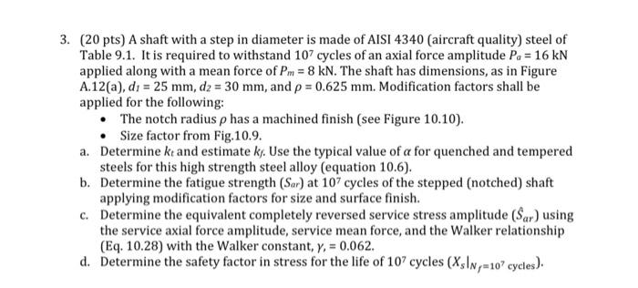 3 20 Pts A Shaft With A Step In Diameter Is Made Of Aisi 4340 Aircraft Quality Steel Of Table 9 1 It Is Required T 1
