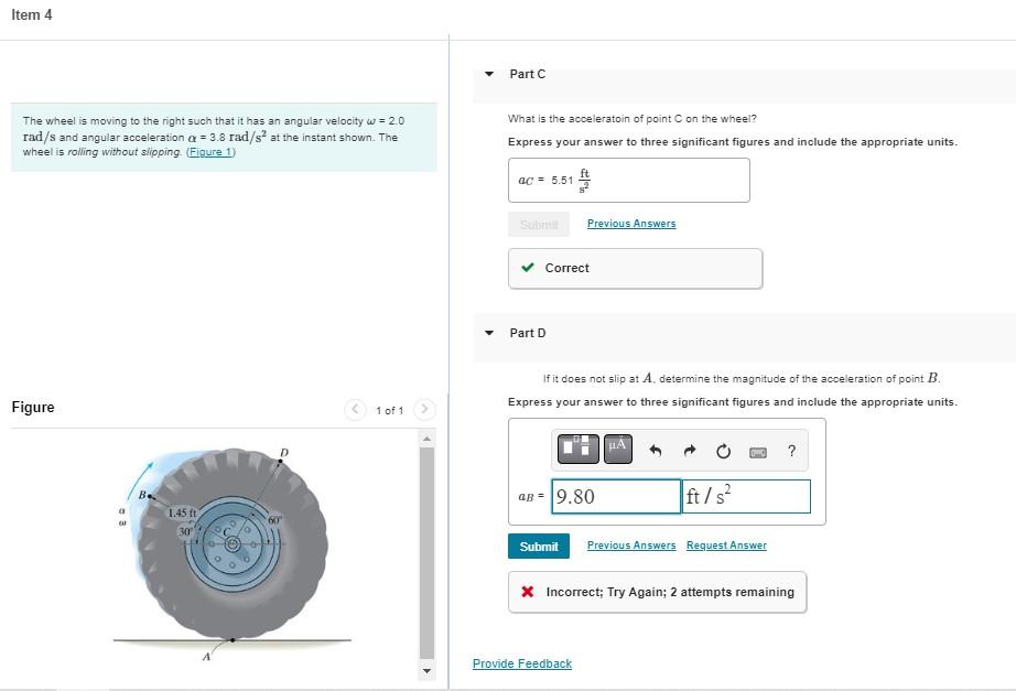 Item 4 Part C The Wheel Is Moving To The Right Such That It Has An Angular Velocity W 2 0 Rad S And Angular Accelerati 1