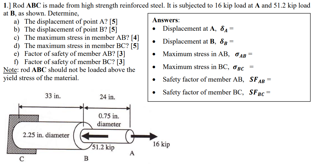 1 Rod Abc Is Made From High Strength Reinforced Steel It Is Subjected To 16 Kip Load At A And 51 2 Kip Load At B 1
