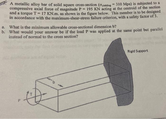 A Metallic Alloy Bar Of Solid Square Cross Section Oyielding 310 Mpa Is Subjected To A Compressive Axial Force Of Ma 1