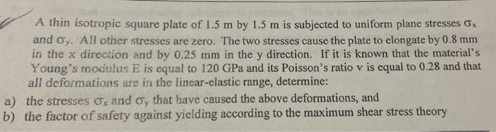 A Thin Isotropic Square Plate Of 1 5 M By 1 5 M Is Subjected To Uniform Plane Stresses Ox And Oy All Other Stresses Are 1