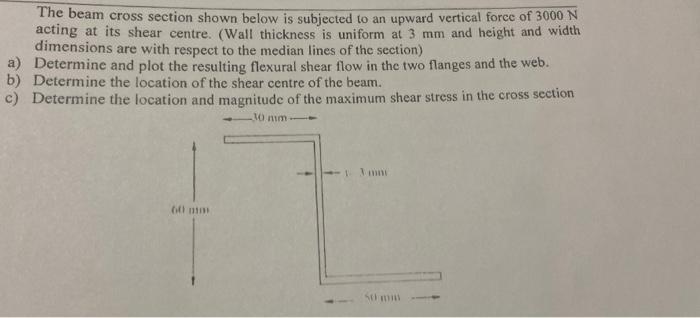 The Beam Cross Section Shown Below Is Subjected To An Upward Vertical Force Of 3000 N Acting At Its Shear Centre Wall 1