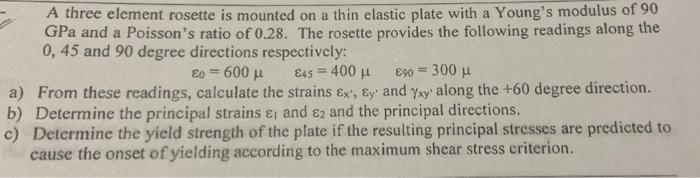 A Three Element Rosette Is Mounted On A Thin Elastic Plate With A Young S Modulus Of 90 Gpa And A Poisson S Ratio Of 0 2 1