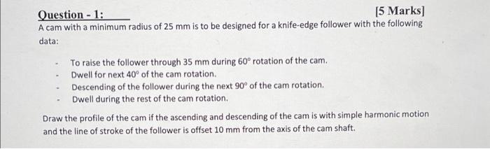 Question 1 5 Marks A Cam With A Minimum Radius Of 25 Mm Is To Be Designed For A Knife Edge Follower With The Follow 1