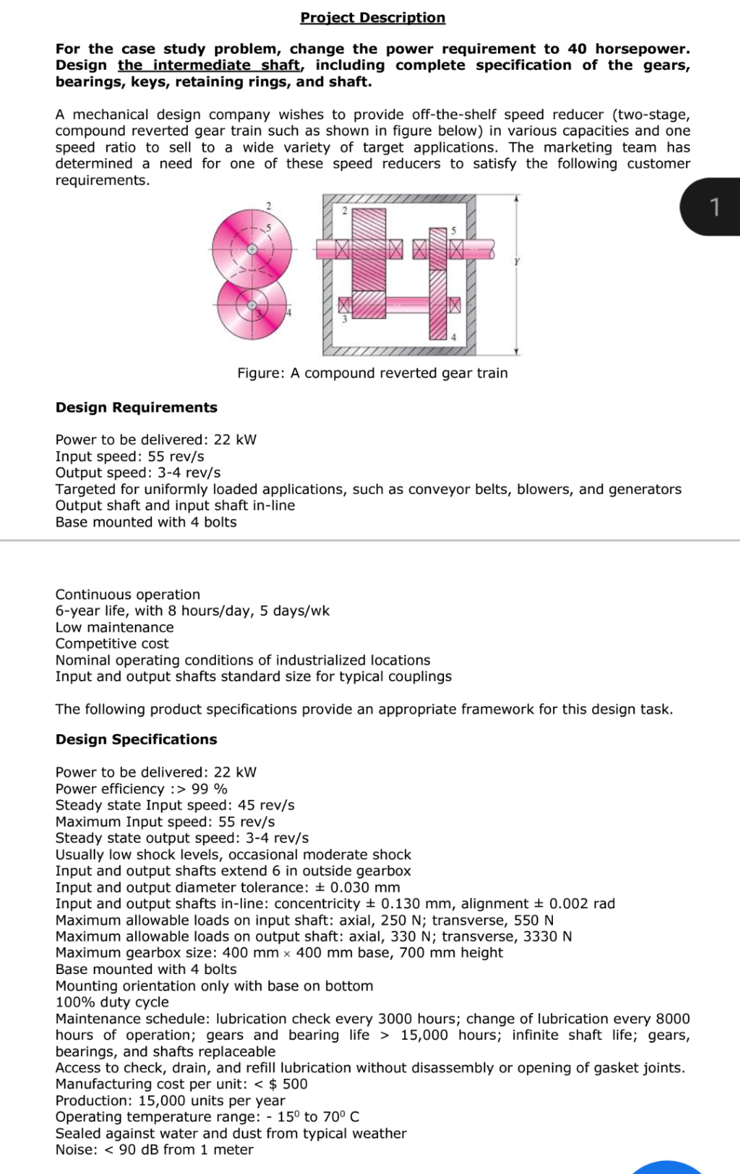 Project Description For The Case Study Problem Change The Power Requirement To 40 Horsepower Design The Intermediate S 1