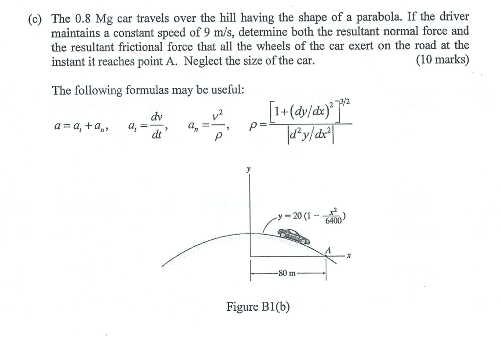 C The 0 8 Mg Car Travels Over The Hill Having The Shape Of A Parabola If The Driver Maintains A Constant Speed Of 9 M 1