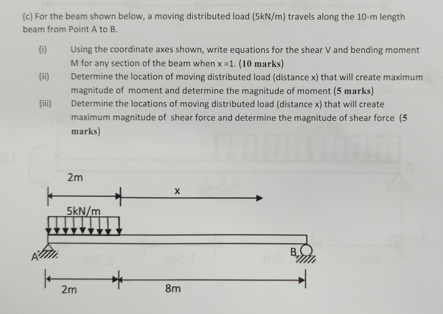 C For The Beam Shown Below A Moving Distributed Load 5kn M Travels Along The 10 M Length Beam From Point A To B I 1
