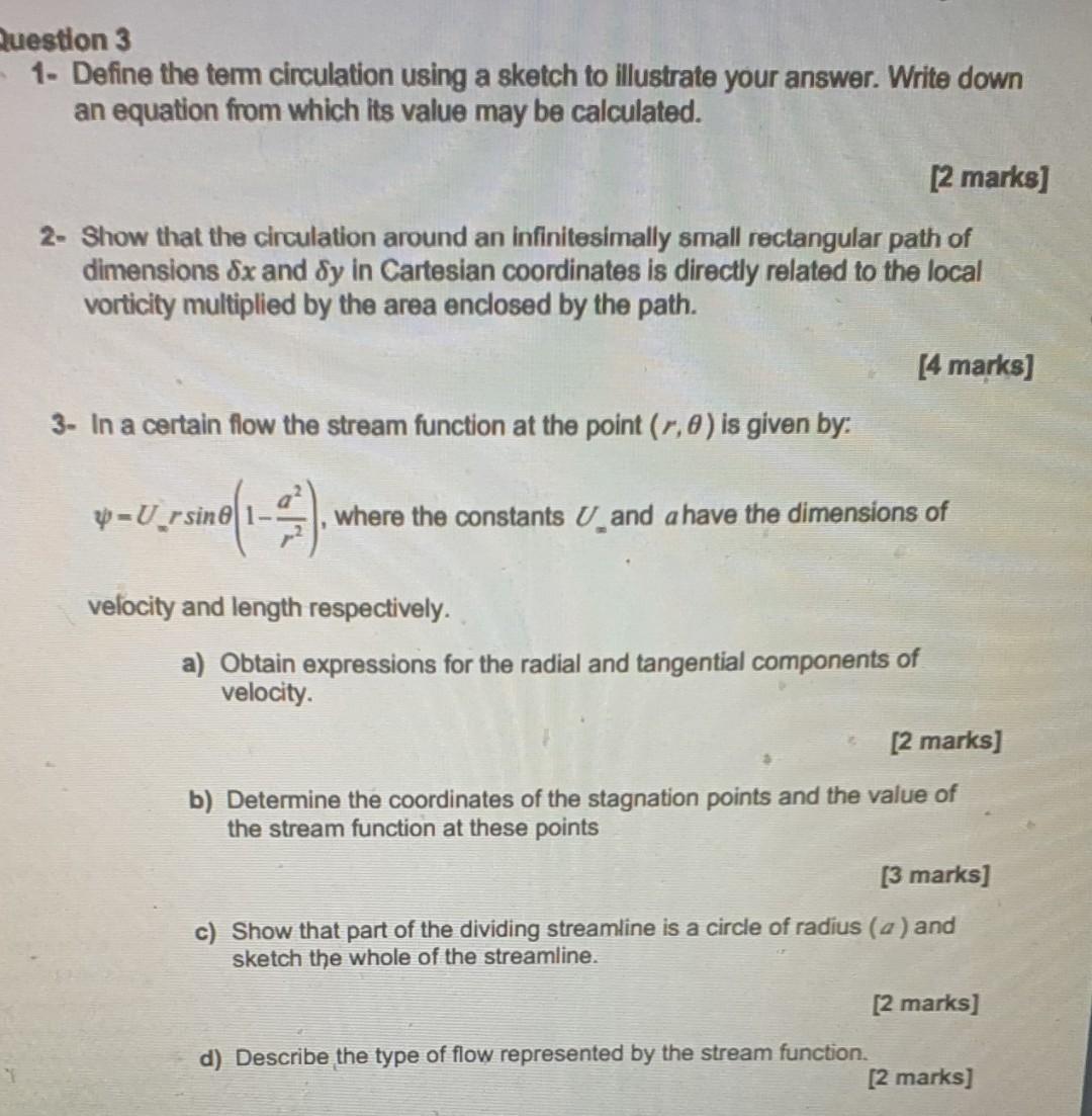 Question 3 1 Define The Term Circulation Using A Sketch To Illustrate Your Answer Write Down An Equation From Which It 1