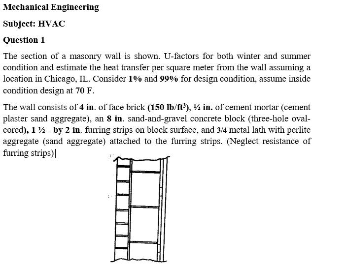 Mechanical Engineering Subject Hvac Question 1 The Section Of A Masonry Wall Is Shown U Factors For Both Winter And Su 1