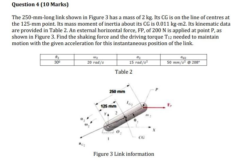 Question 4 10 Marks The 250 Mm Long Link Shown In Figure 3 Has A Mass Of 2 Kg Its Cg Is On The Line Of Centres At The 1