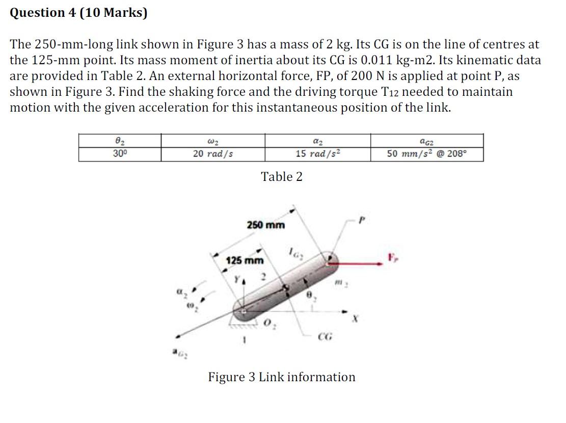 Question 4 10 Marks The 250 Mm Long Link Shown In Figure 3 Has A Mass Of 2 Kg Its Cg Is On The Line Of Centres At The 1