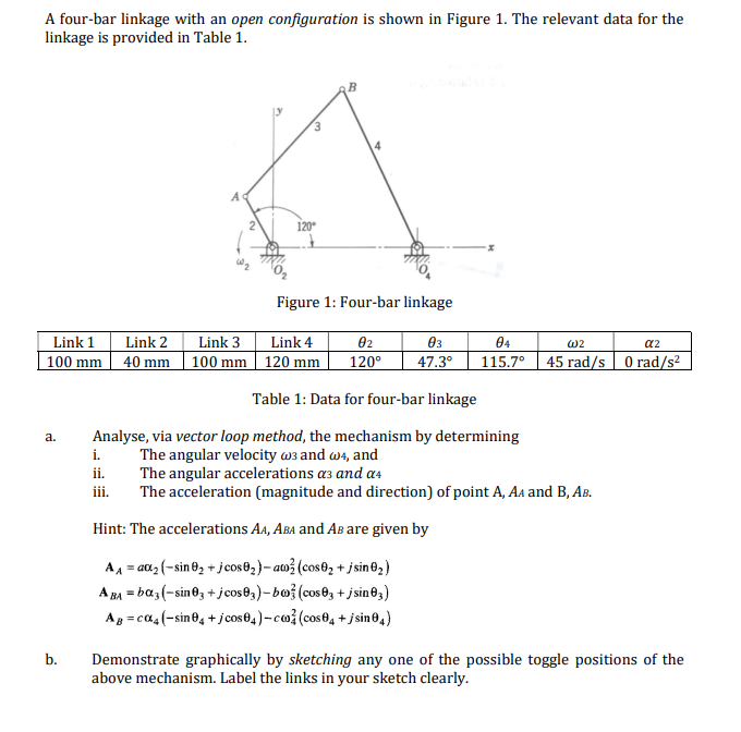 A Four Bar Linkage With An Open Configuration Is Shown In Figure 1 The Relevant Data For The Linkage Is Provided In Tab 1