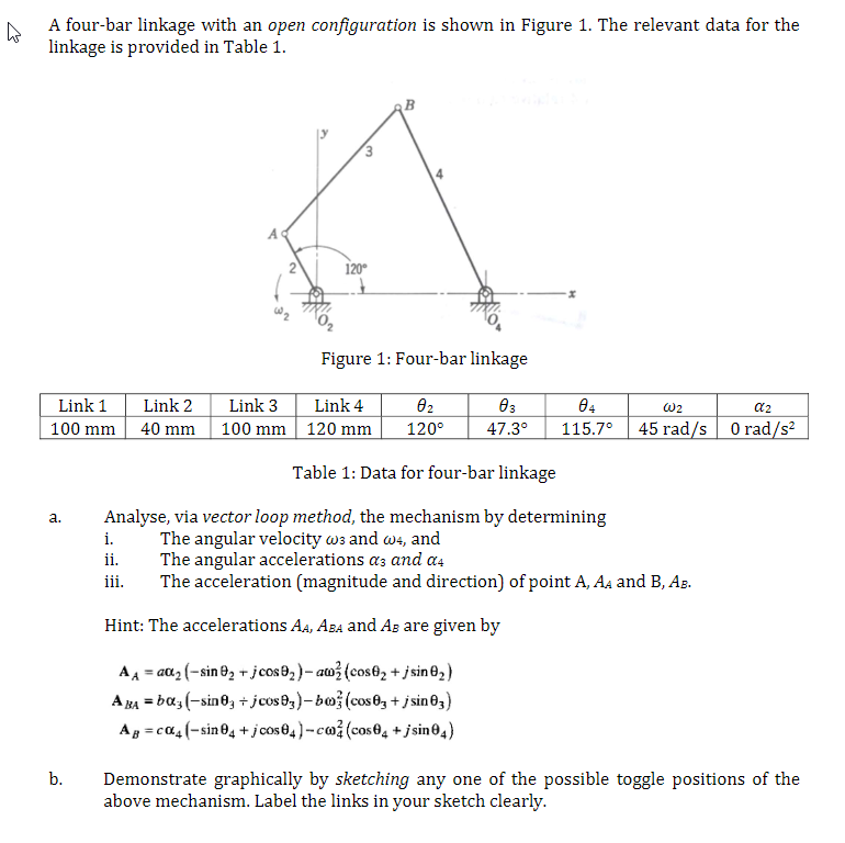 7 A Four Bar Linkage With An Open Configuration Is Shown In Figure 1 The Relevant Data For The Linkage Is Provided In T 1