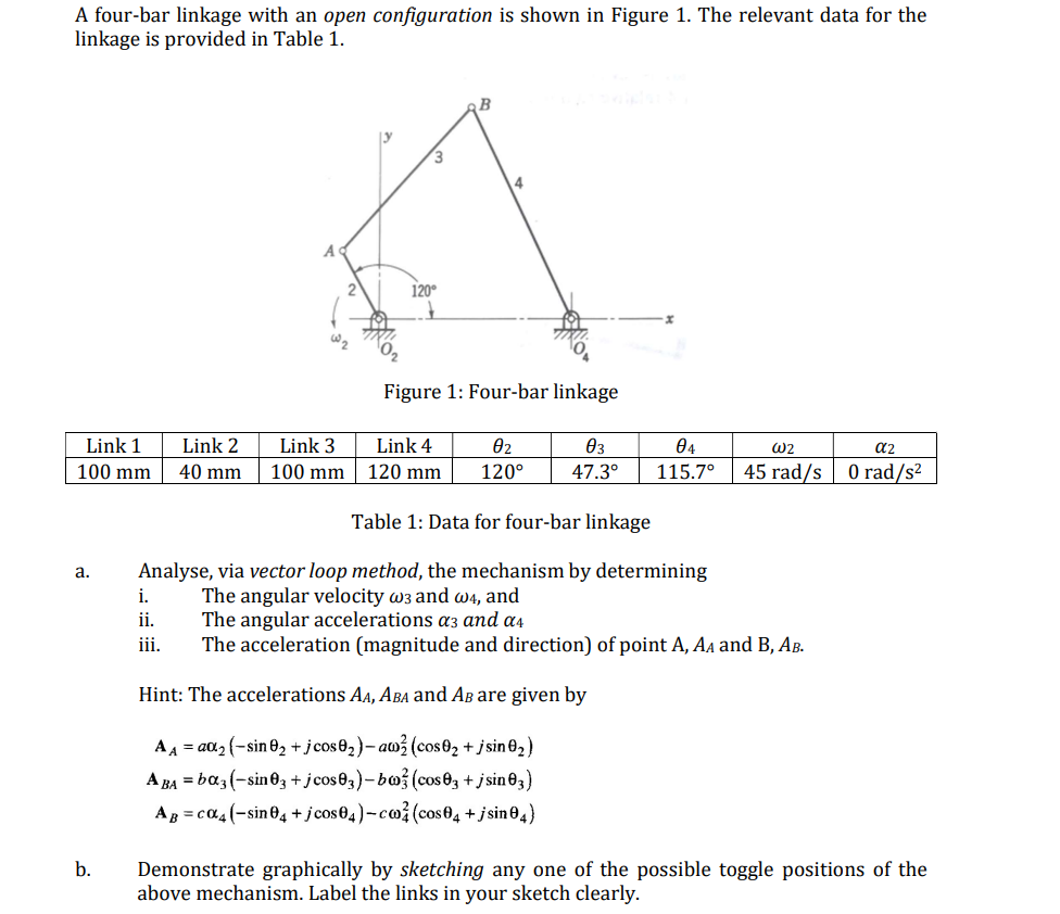 A Four Bar Linkage With An Open Configuration Is Shown In Figure 1 The Relevant Data For The Linkage Is Provided In Tab 1