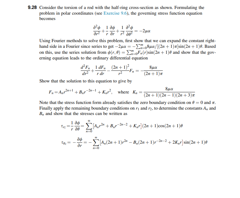 721 9 28 Consider The Torsion Of A Rod With The Half Ring Cross Section As Shown Formulating The Problem In Polar Coord 1