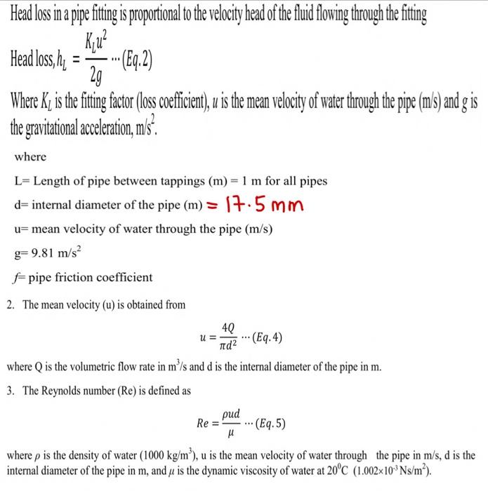 Question Find Flow Rate Q Mean Velocity U Fitting Factor Calculated Kl Fitting Factor Theoretical Kl Deviation 7