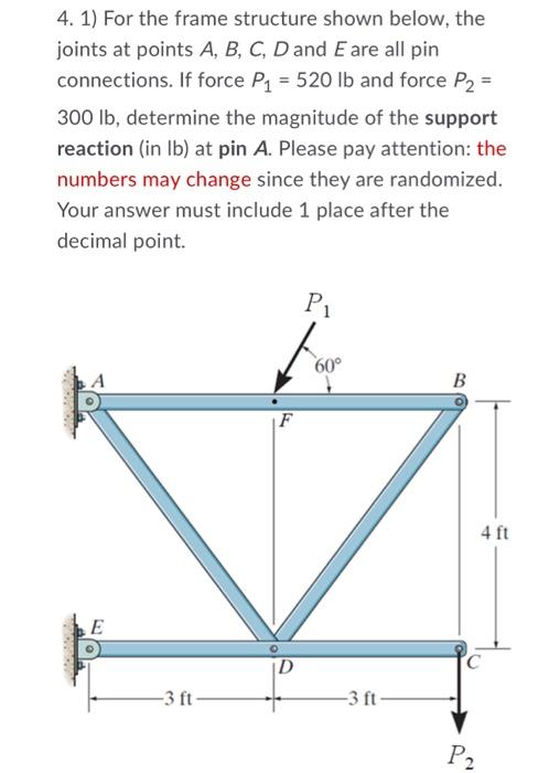 4 1 For The Frame Structure Shown Below The Joints At Points A B C D And E Are All Pin Connections If Force P1 5 1