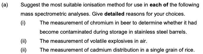 A Suggest The Most Suitable Ionisation Method For Use In Each Of The Following Mass Spectrometric Analyses Give Detai 1