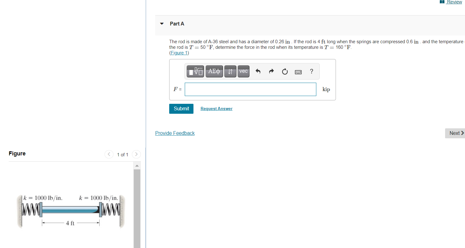 11 Review Part A The Rod Is Made Of A 36 Steel And Has A Diameter Of 0 26 In If The Rod Is 4 Ft Long When The Springs A 1
