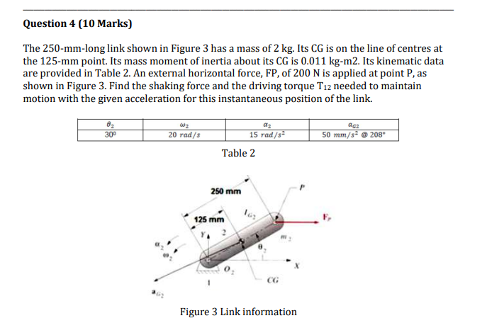 Question 4 10 Marks The 250 Mm Long Link Shown In Figure 3 Has A Mass Of 2 Kg Its Cg Is On The Line Of Centres At The 1