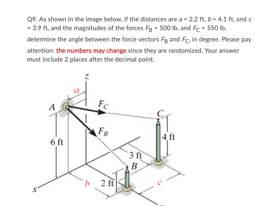 Q9 As Shown In The Image Below If The Distances Are A 2 2 Ft B 4 1 Ft And C 3 9 Ft And The Magnitudes Of Th 1