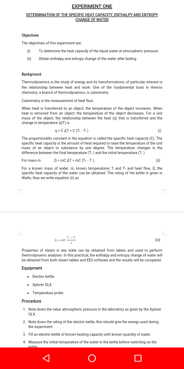 Experiment One Determination Of The Specific Heat Capacity Enthalpy And Entropy Change Of Water Objectives The Objectiv 1