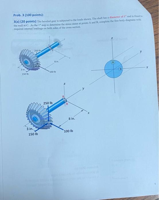 Prob 3 100 Points 3 A 20 Points The Beveled Gear Is Subjected To The Loads Shown The Staff Has A Diameter Of 1 A 1