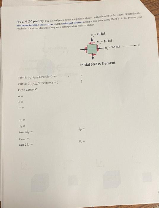 Prob 4 50 Points The State Of Pline Stress At A Point Is Shown On The Element In The Figure Determine The Maximum In 1