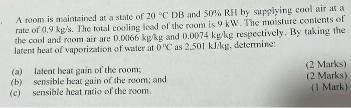 A Room Is Maintained At A State Of 20 C Db And 50 Rh By Supplying Cool Air At A Rate Of 0 9 Kg S The Total Cooling Lo 2