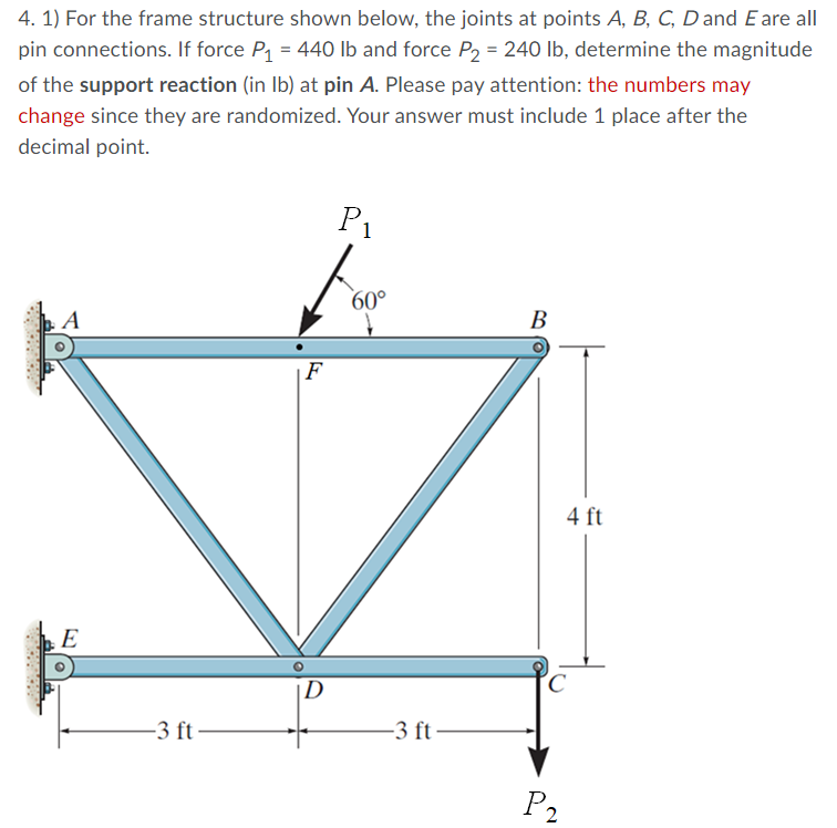 4 1 For The Frame Structure Shown Below The Joints At Points A B C D And E Are All Pin Connections If Force P1 1