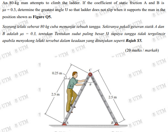 An U 80 Kg Man Attempts To Climb Diamo Ahe Ladder If The Coefficient Of Pot Slip When It Supports The Man In Tl Utm U 1