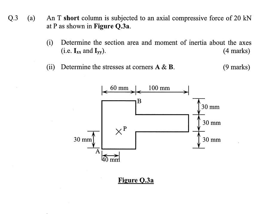 Q 3 A An T Short Column Is Subjected To An Axial Compressive Force Of 20 Kn At P As Shown In Figure Q 3a I Determin 1