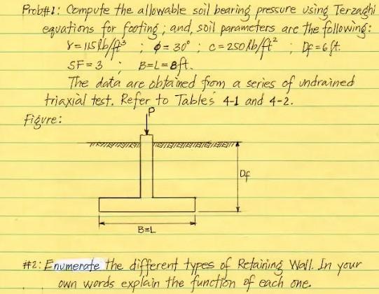 Prob 7 Compute The Allowable Soil Bearing Pressure Using Terzaghi Equations For Footing And Soil Parameters Are The F 1