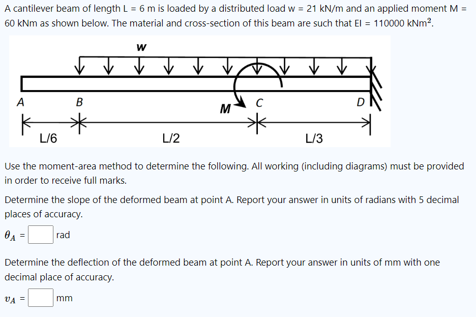 A Cantilever Beam Of Length L 6 M Is Loaded By A Distributed Load W 21 Kn M And An Applied Moment M 60 Knm As Sh 1
