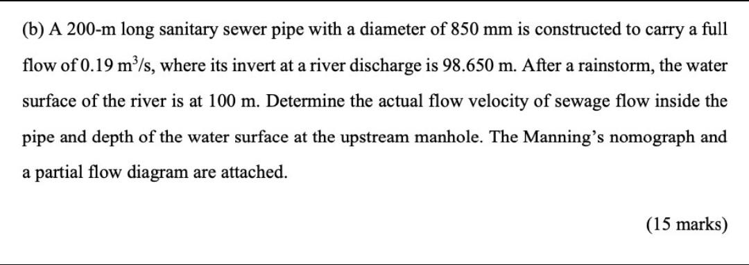 A B A 200 M Long Sanitary Sewer Pipe With A Diameter Of 850 Mm Is Constructed To Carry A Full Flow Of 0 19 M3 S Where 1